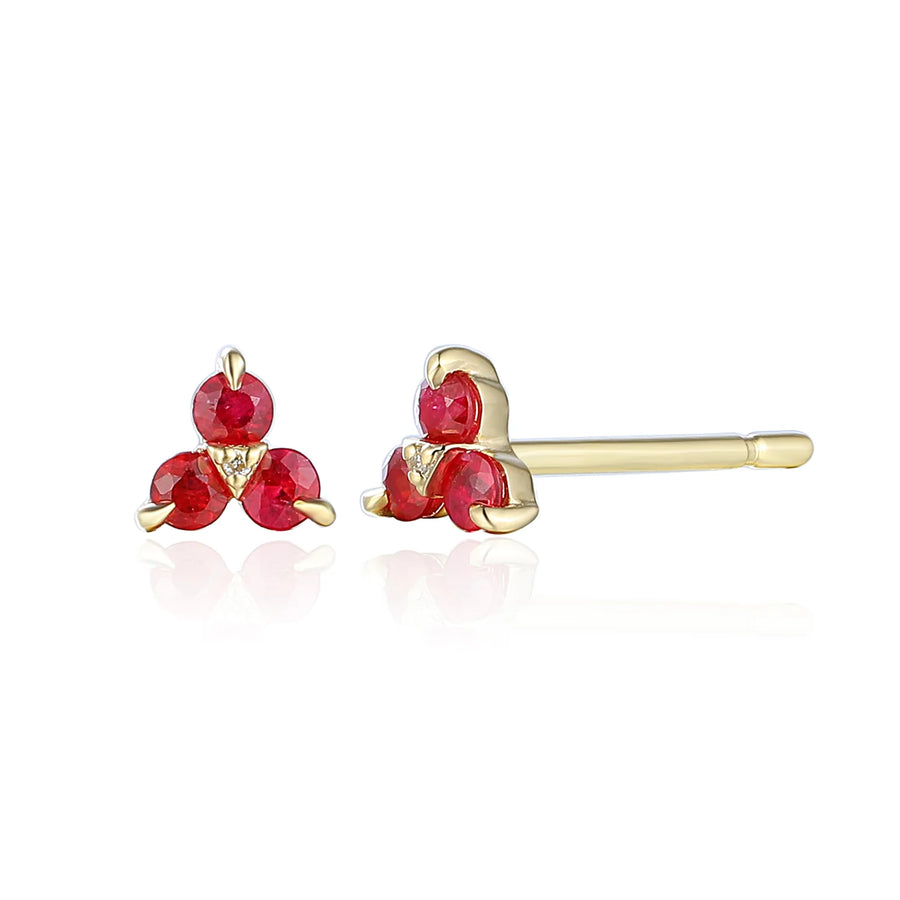 9ct Yellow Gold Dainty Ruby & Diamond Trefoil Motif Stud Earrings