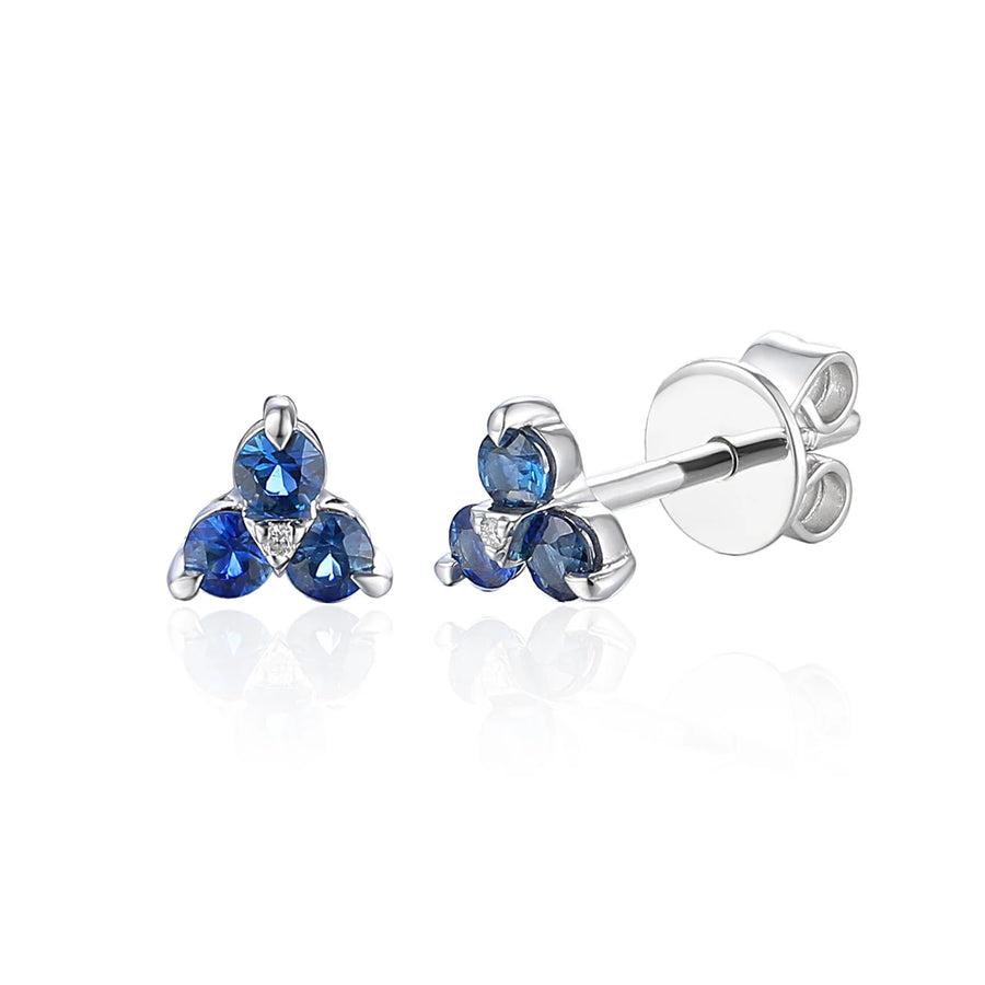 9ct Yellow Gold Dainty Sapphire & Diamond Trefoil Motif Stud Earrings