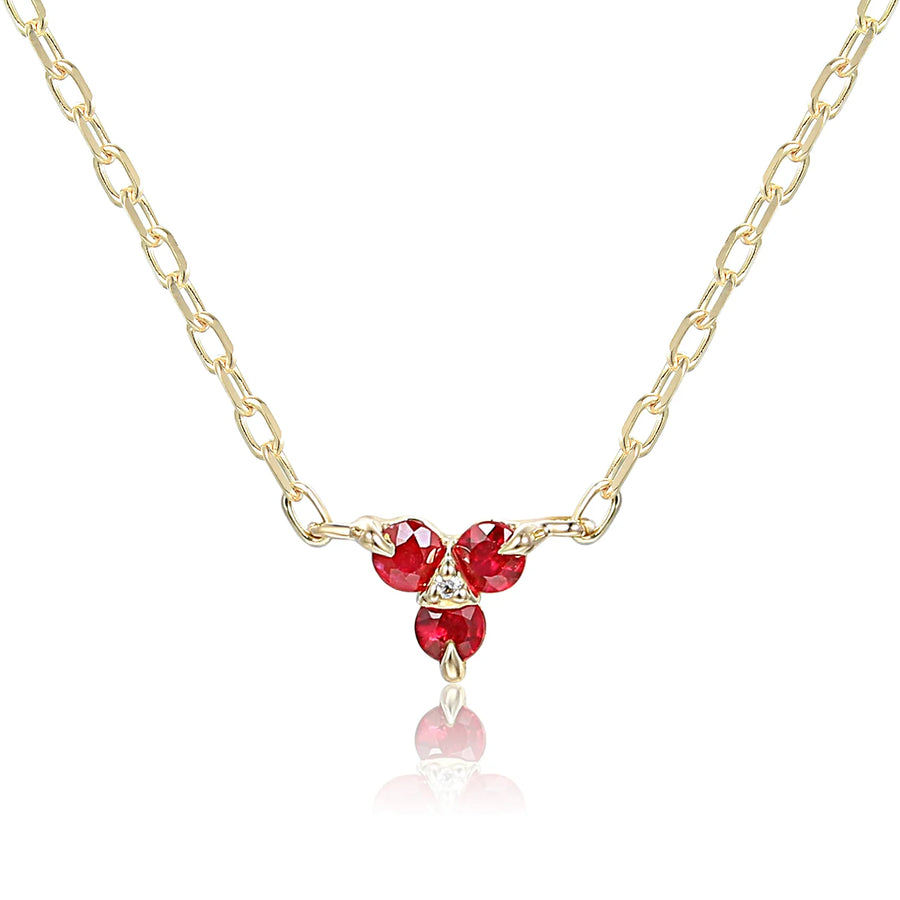 9ct Yellow Gold Dainty Ruby & Diamond Trefoil Motif Chain Necklace