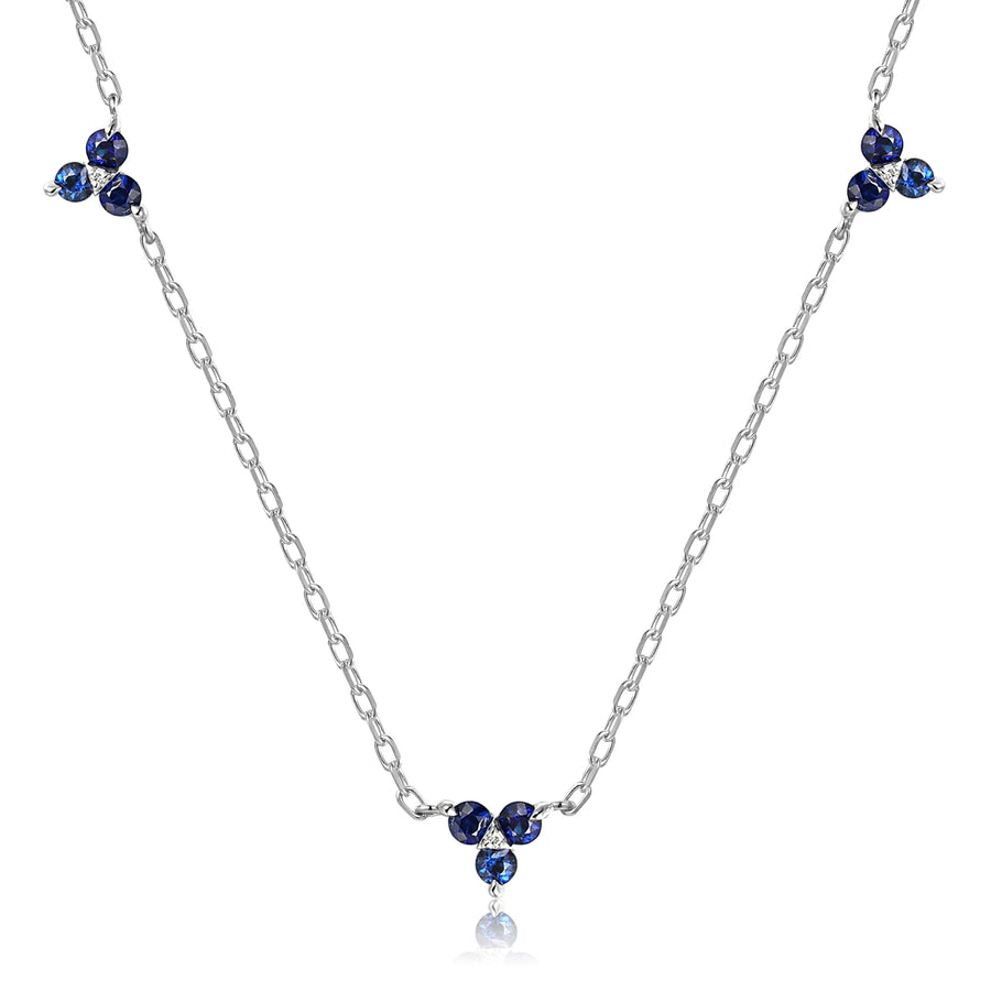 9ct White Gold Dainty Trio Sapphire & Diamond Trefoil Motif Necklace