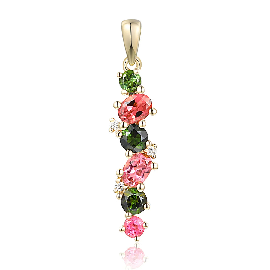 9ct Yellow Gold Pink & Green Tourmaline & Diamond Drop Pendant & Chain