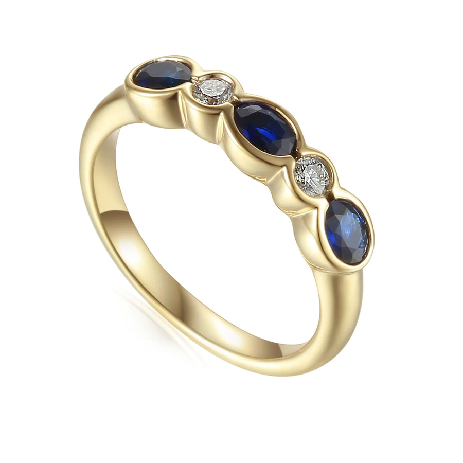 9ct Yellow Gold Oval Sapphire & 0.12ct Diamond Half Eternity Ring