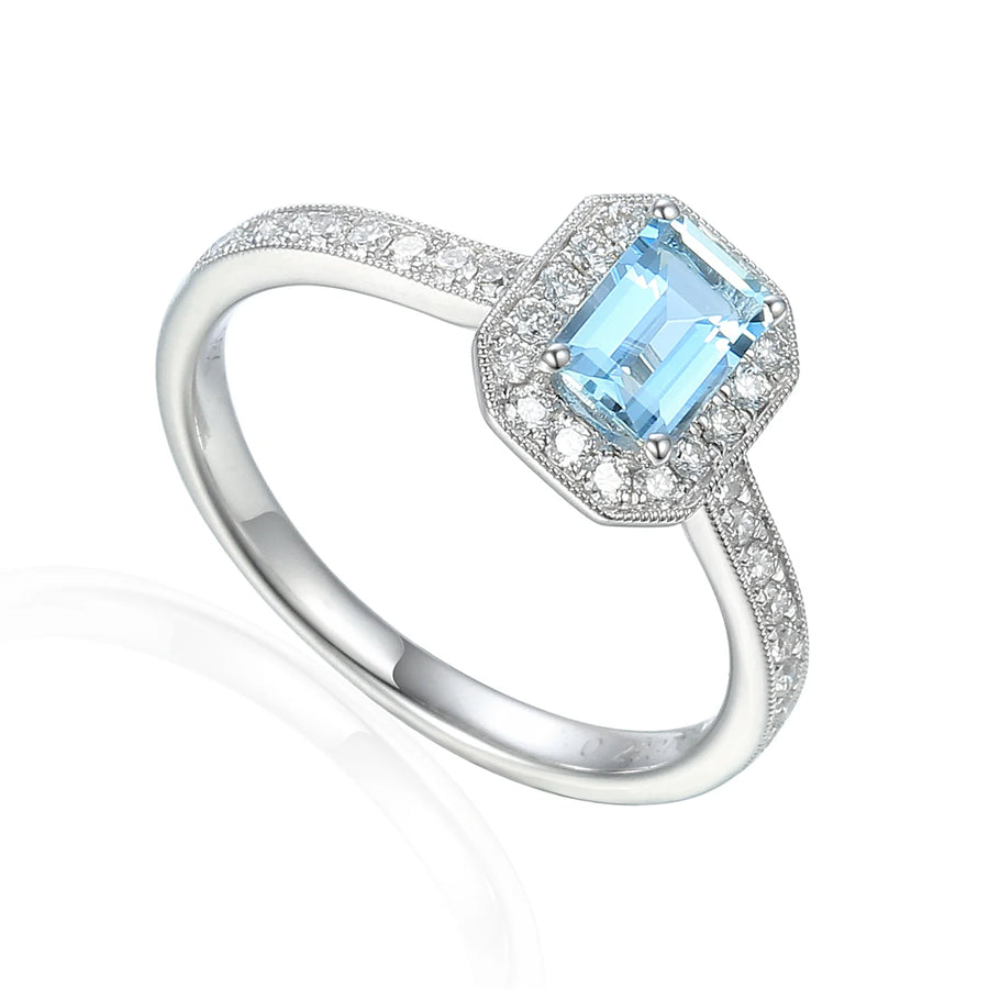 9ct White Gold Milgrain Aquamarine & 0.29ct Diamond Cluster Ring