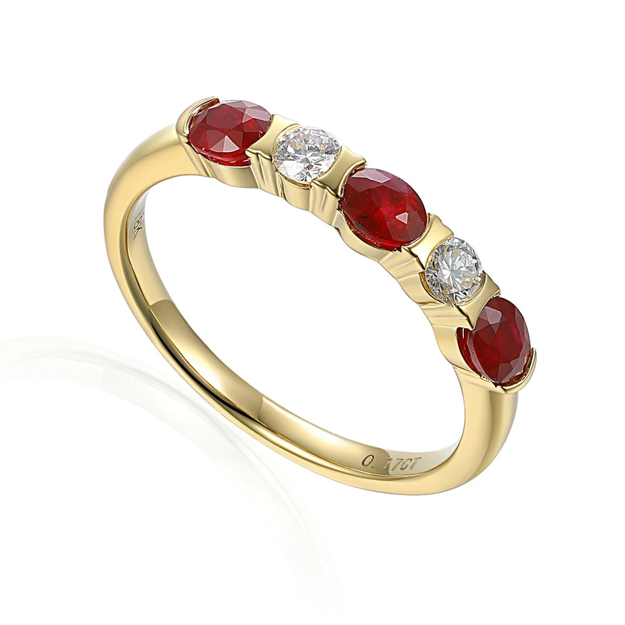 9ct Yellow Gold Oval Ruby & 0.16ct Diamond Half Eternity Ring