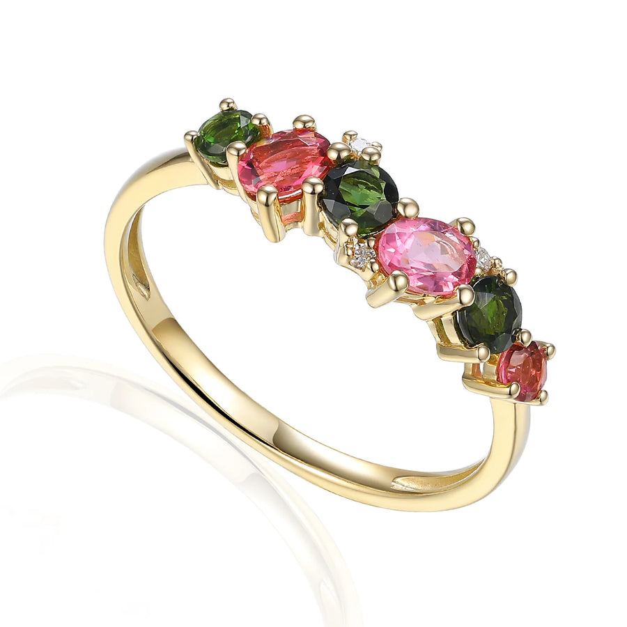 9ct Yellow Gold Pink, Green Tourmaline & Diamond Cluster Ring