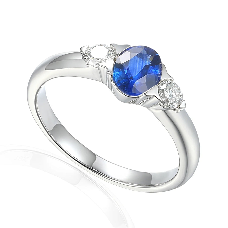 18ct White Gold Three Stone Sapphire & 0.24ct Diamond Ring