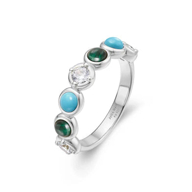 Ania Haie Sterling Silver CZ, Malachite & Lab Turquoise Half Eternity Ring