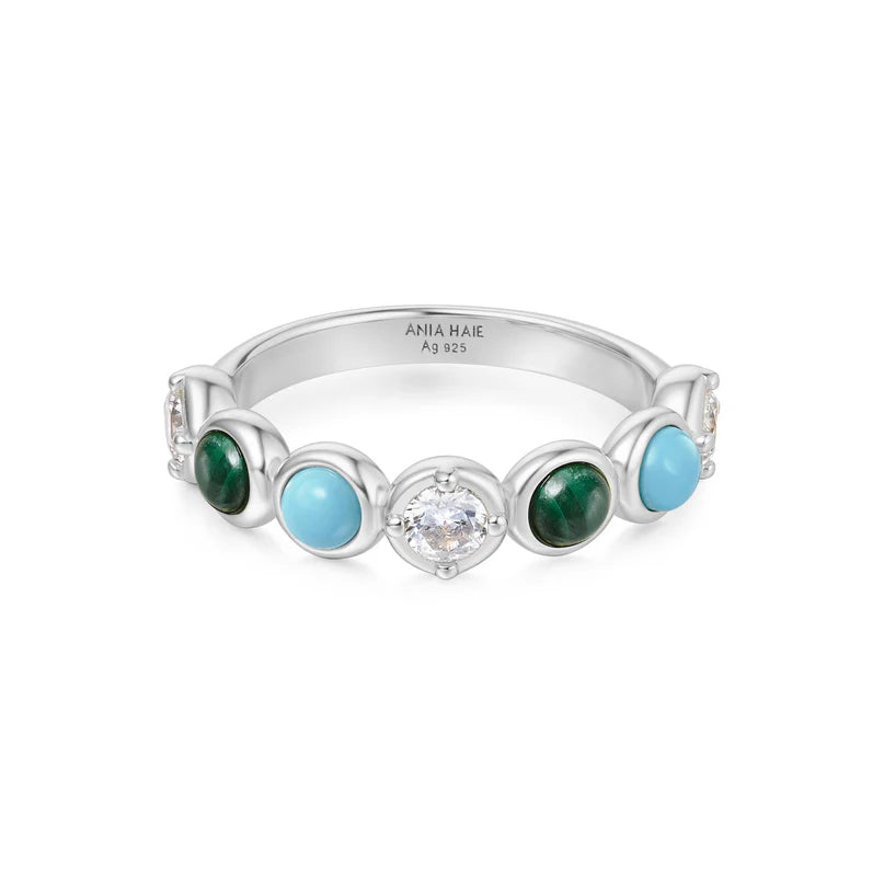 Ania Haie Sterling Silver CZ, Malachite & Lab Turquoise Half Eternity Ring