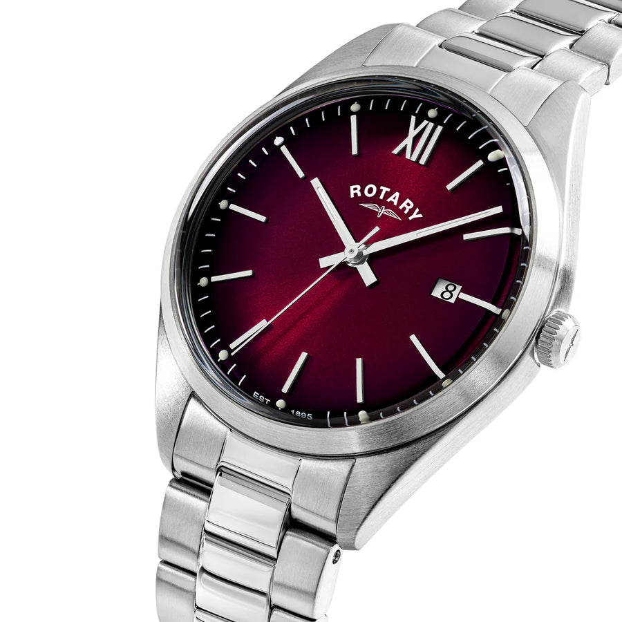 Rotary Steel Gents Red Ombre Dial & Date Window Bracelet Watch