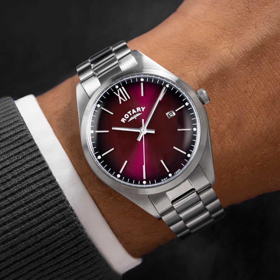 Rotary Steel Gents Red Ombre Dial & Date Window Bracelet Watch