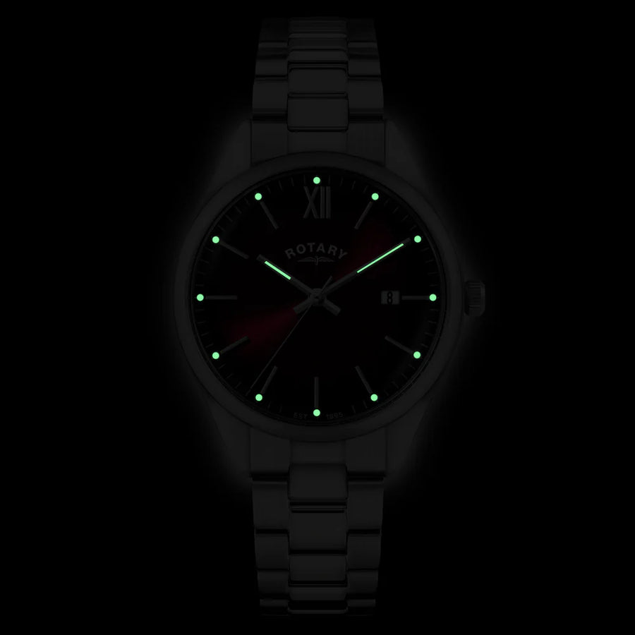 Rotary Steel Gents Red Ombre Dial & Date Window Bracelet Watch