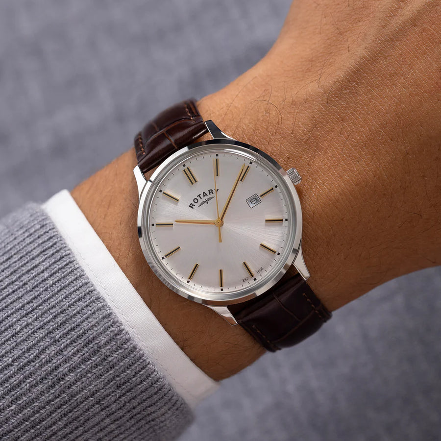 Rotary Steel Gents TT Brown Leather Strap Watch