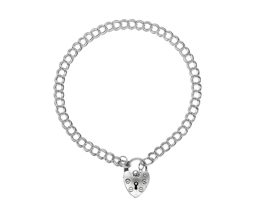 Sterling Silver Double Curb Heart Lock Charm Bracelet