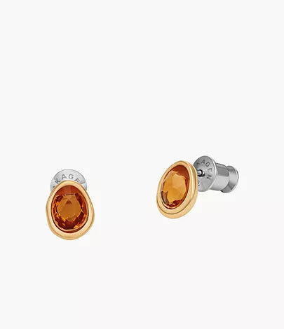 Skagen Yellow-Tone Orange Honey Sea Glass Stud Earrings