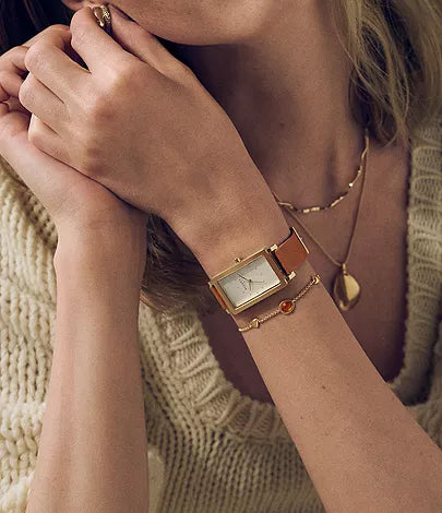 Skagen Ladies Rectangular Gold Brown Tan Leather Watch