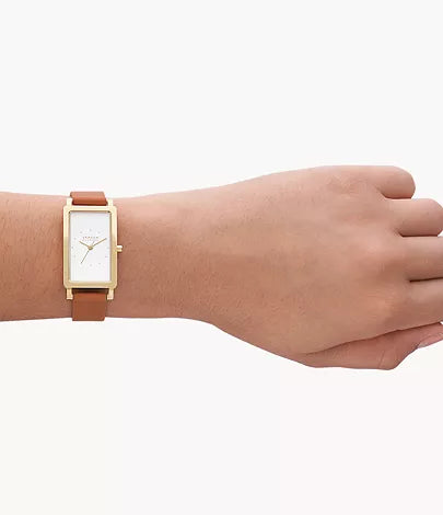 Skagen Ladies Rectangular Gold Brown Tan Leather Watch