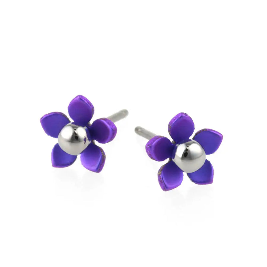 Ti2 Titanium Small Flower Stud Earrings - Purple