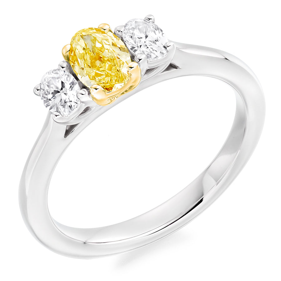 Platinum 3 Stone 0.51ct SI1 Oval Yellow Diamond Engagement Ring