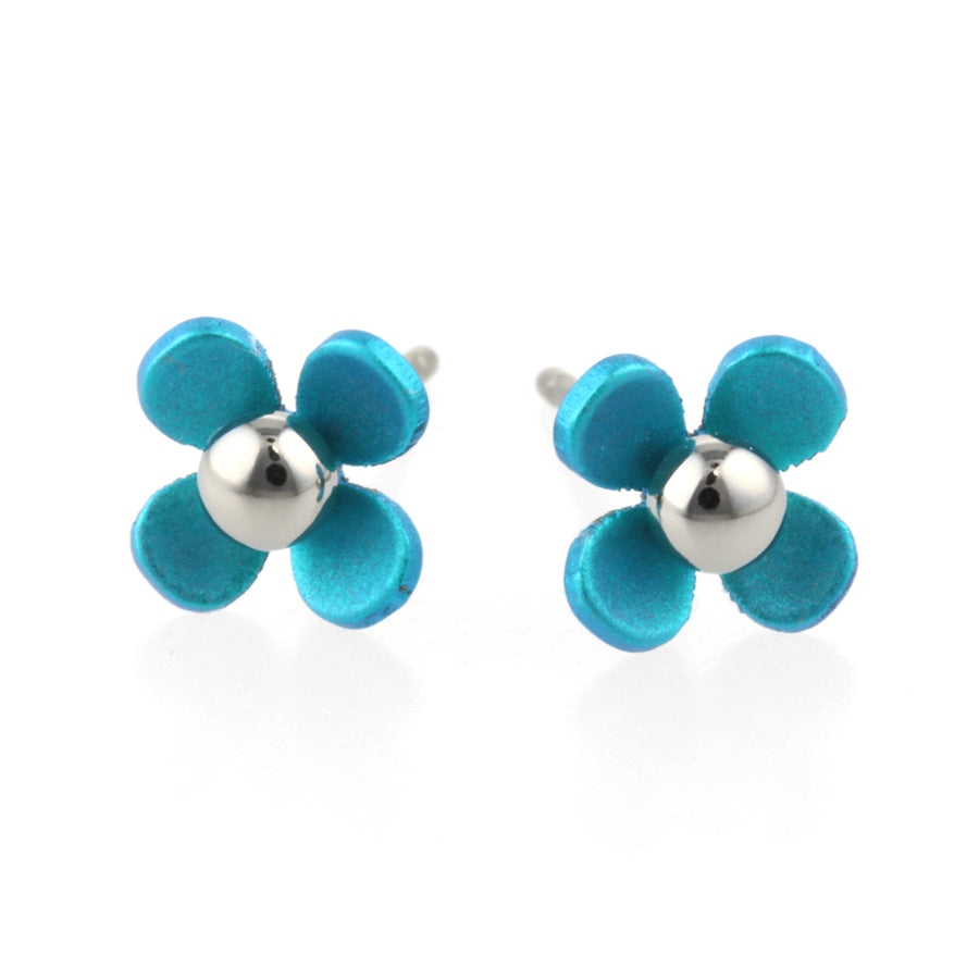 Titanium Kingfisher Blue Flower Stud Earrings