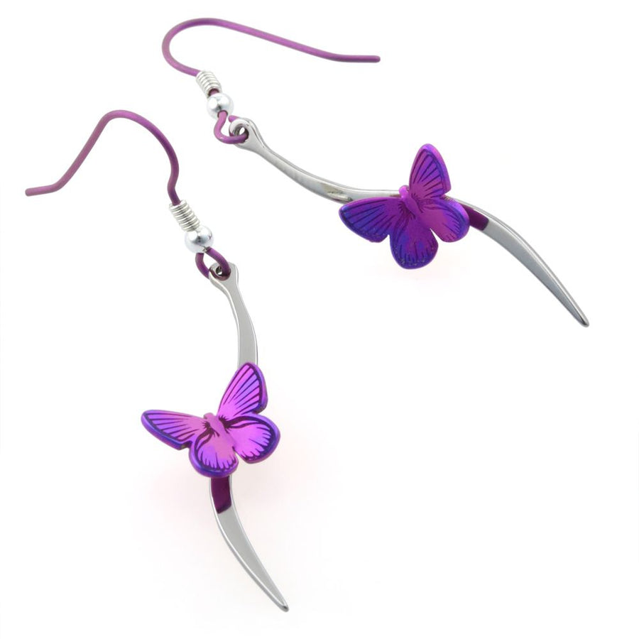 Titanium Pink Butterfly & Stem Drop Earrings