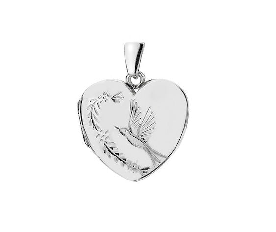 Sterling Silver Heart Shape Bird Engraved Locket