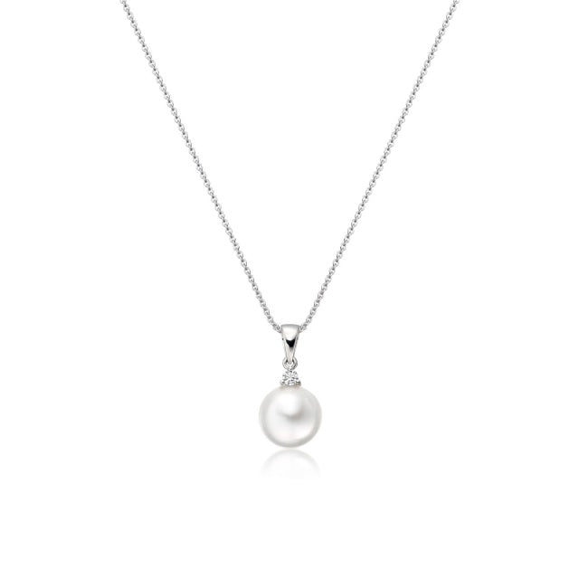18ct White Gold Diamond & Freshwater Pearl Set Pendant & Chain