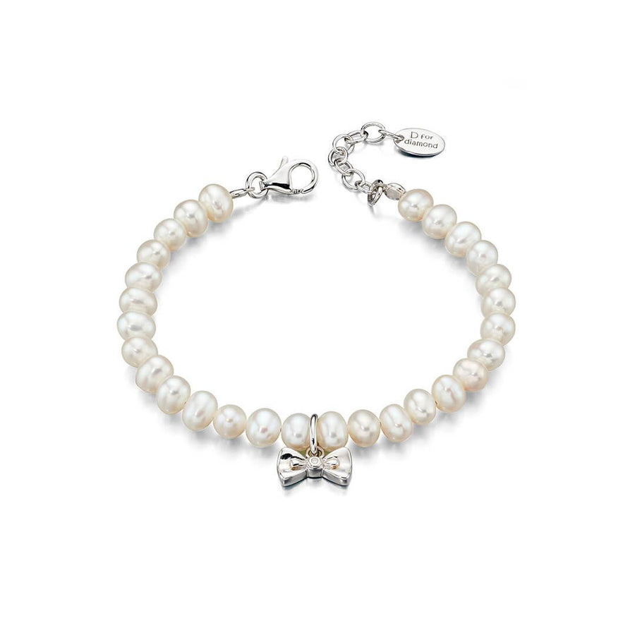 D for Diamond Silver Shell Pearl & Diamond Set Bow Charm Bracelet