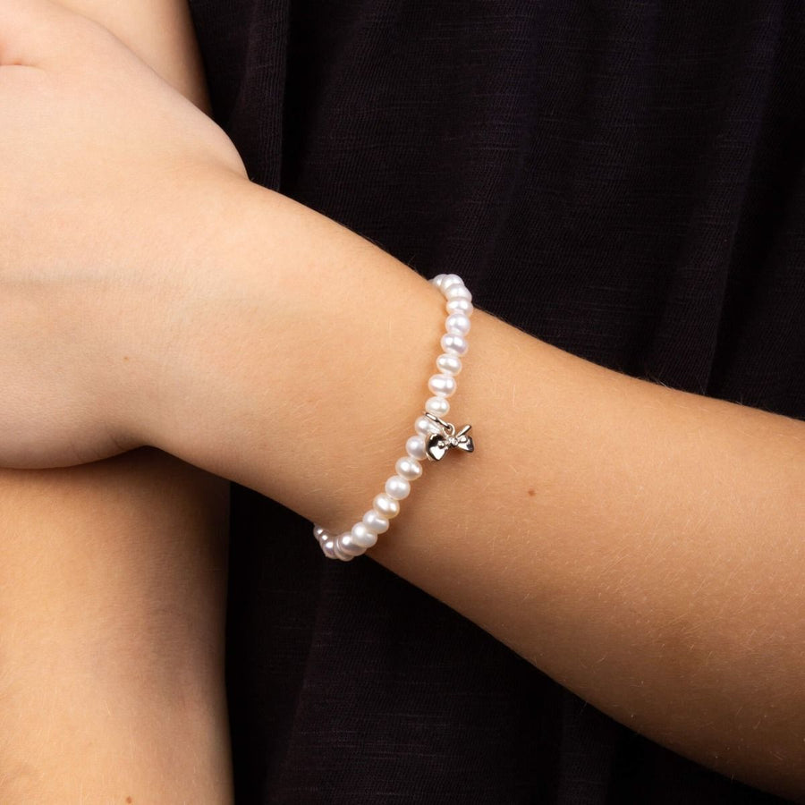 D for Diamond Silver Shell Pearl & Diamond Set Bow Charm Bracelet