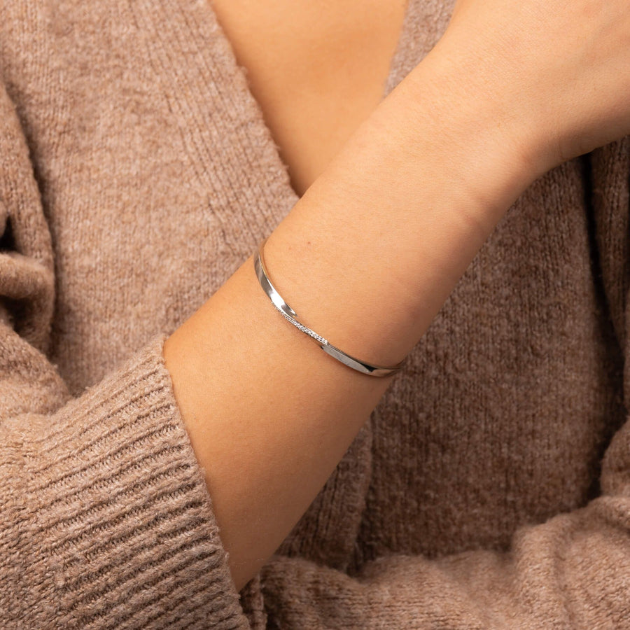 Sterling Silver CZ Twist Open Cuff Bangle