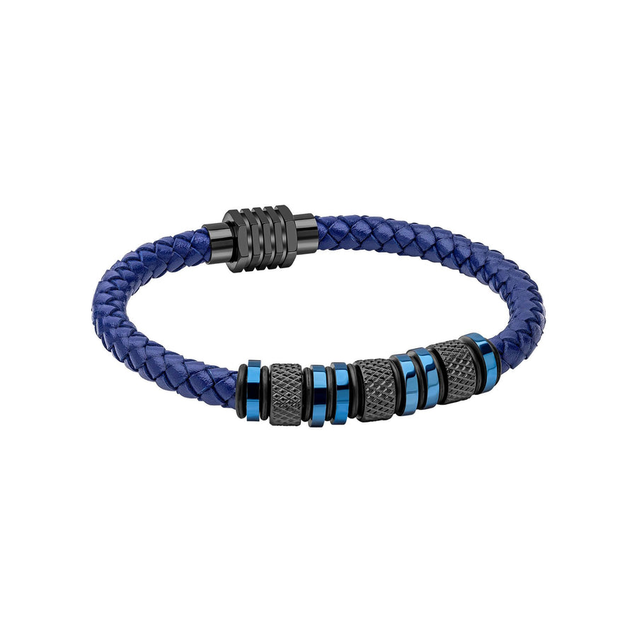 Fred Bennett Blue Leather & Steel Beaded Bracelet