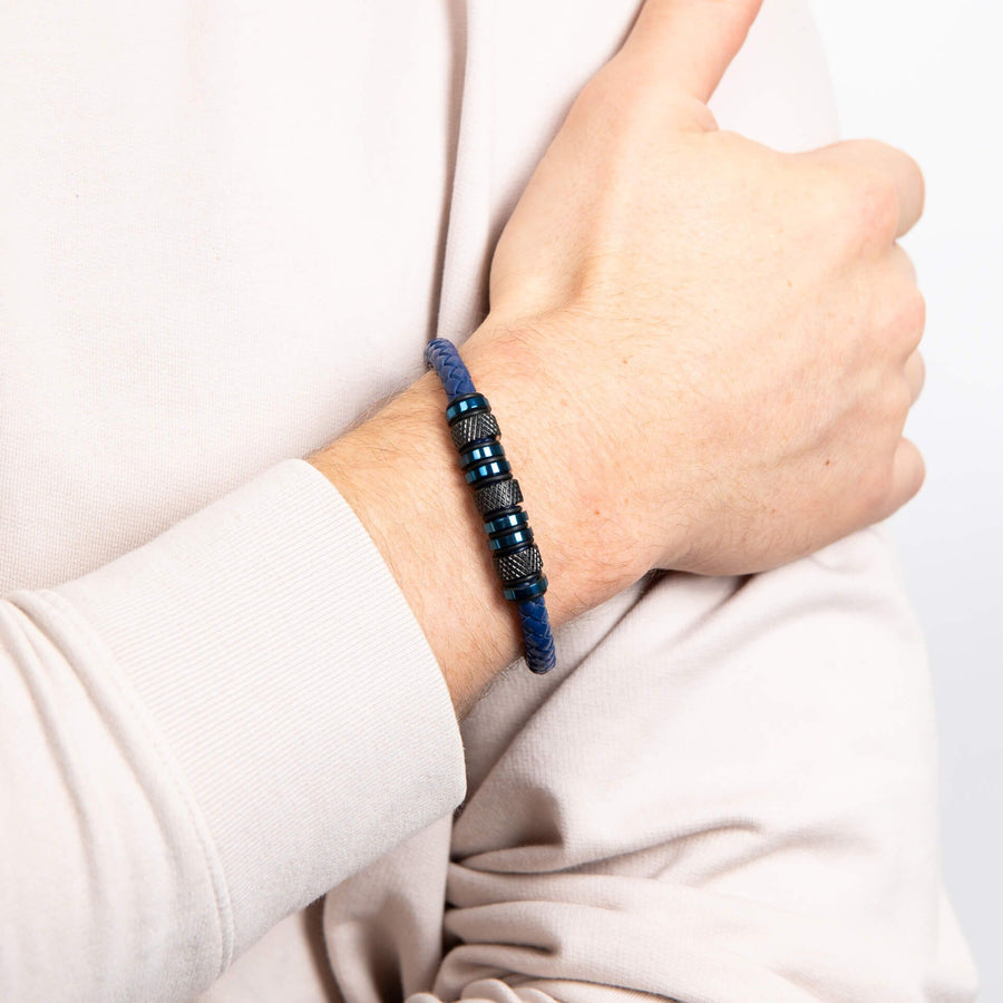 Fred Bennett Blue Leather & Steel Beaded Bracelet