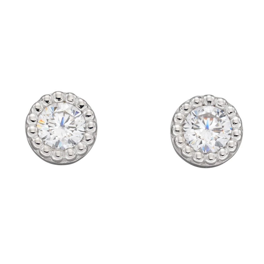 Sterling Silver Round CZ Mill Grain Edge Stud Earrings