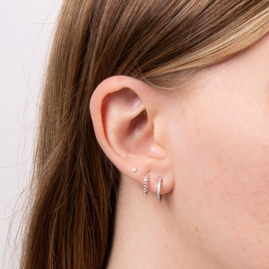 Sterling Silver Beaded CZ 12mm Hoop Earrings