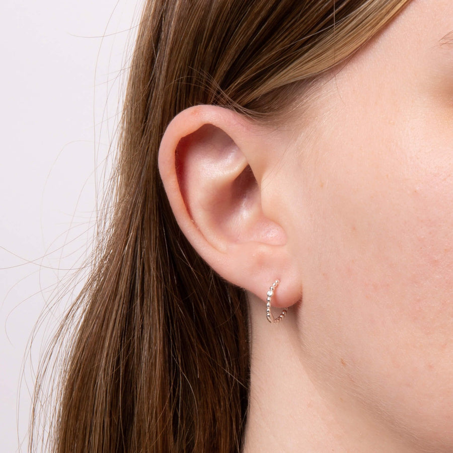 Sterling Silver Beaded CZ 12mm Hoop Earrings