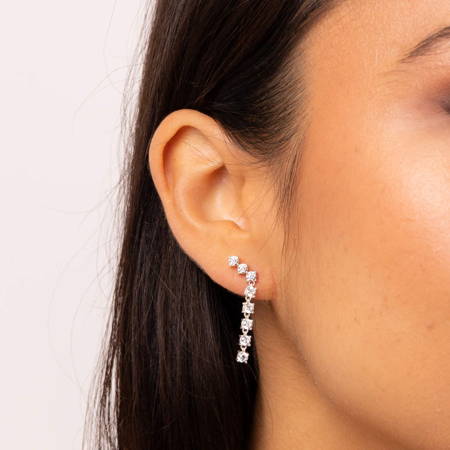 Sterling Silver CZ Graduated Long Drop Stud Earrings