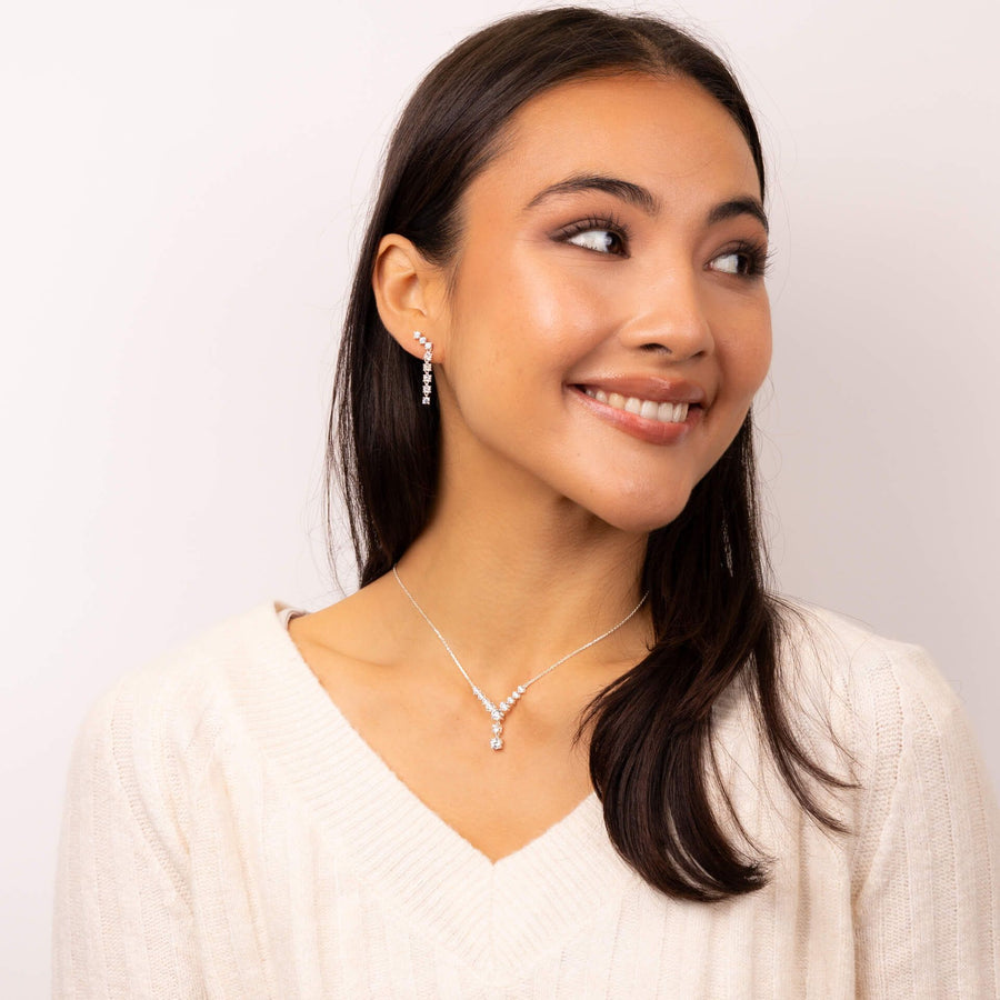 Sterling Silver CZ Graduated Long Drop Stud Earrings