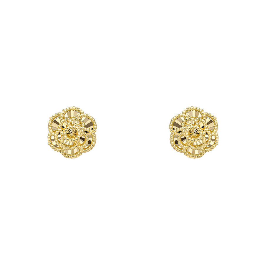 9ct Yellow Gold English Rose & Diamond Cut Stud Earrings