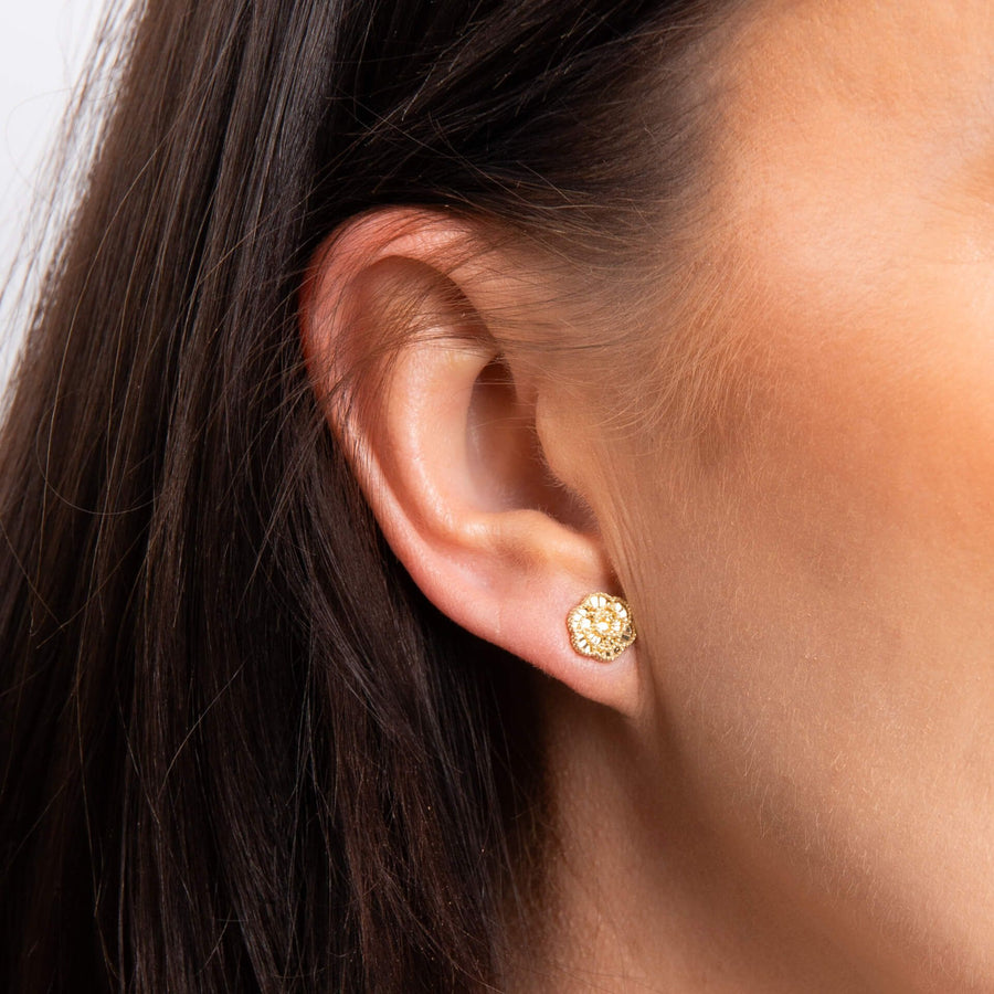 9ct Yellow Gold English Rose & Diamond Cut Stud Earrings