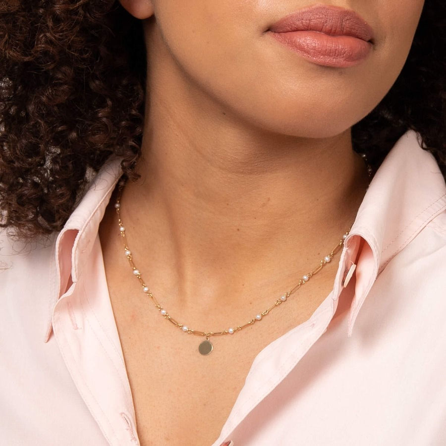 9ct Yellow Gold Pearl Link & Disk Drop Necklace
