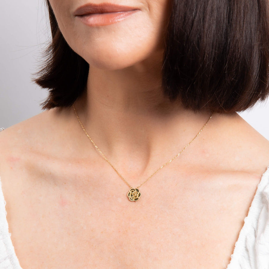 9ct Yellow Gold English Rose & Diamond Cut Necklace