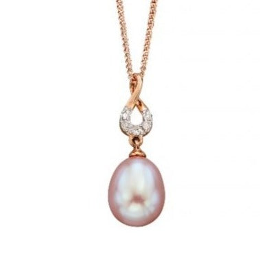 9ct Rose Gold Pearl and Diamond Pendant & Chain