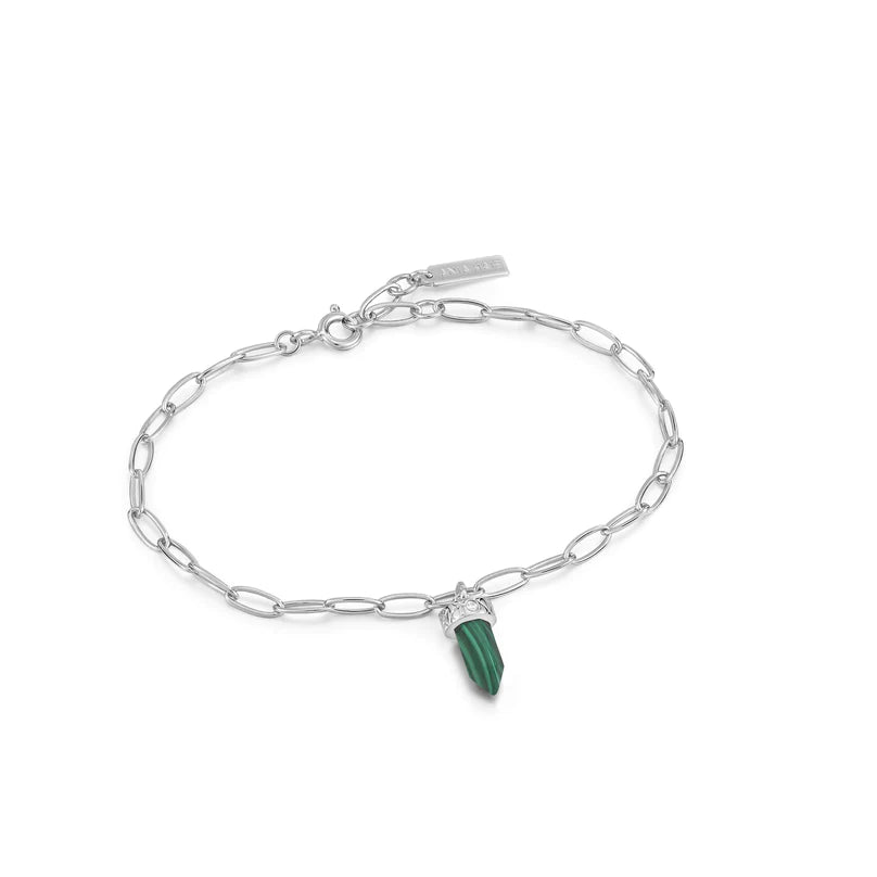 Ania Haie Sterling Silver CZ & Pointed Malachite Charm Bracelet