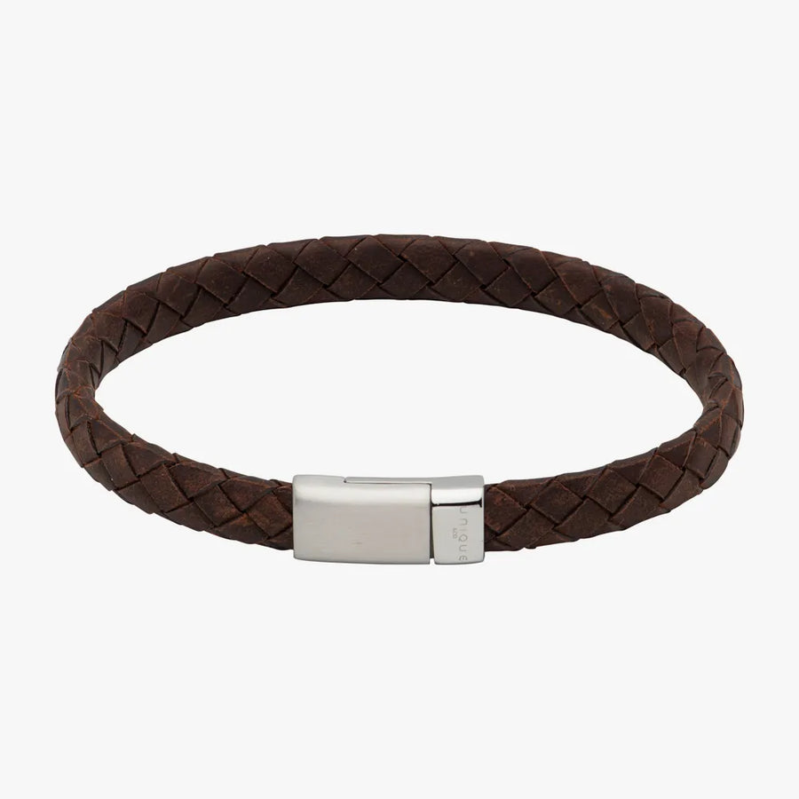 Unique Dark Brown Flat Profile Leather & Steel Bracelet