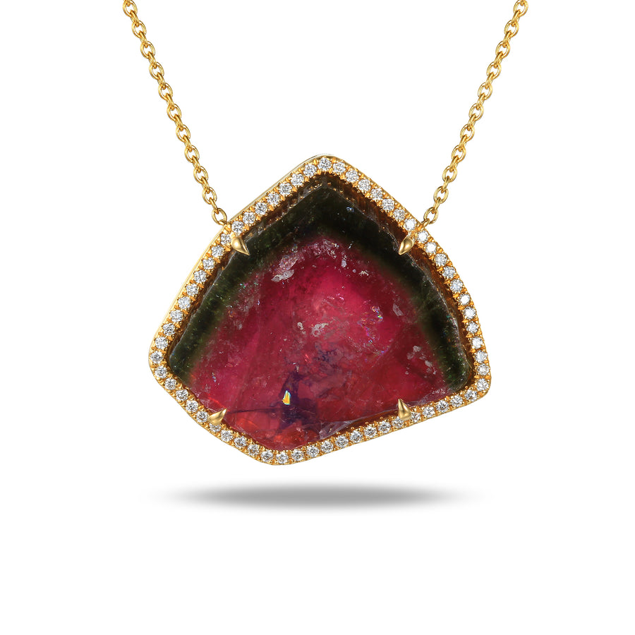 18ct Yellow Gold Watermelon Tourmaline & 0.24ct Diamond Surround Necklace