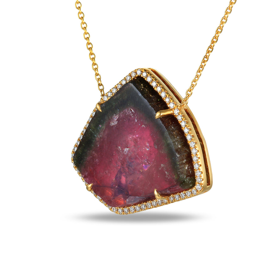 18ct Yellow Gold Watermelon Tourmaline & 0.24ct Diamond Surround Necklace
