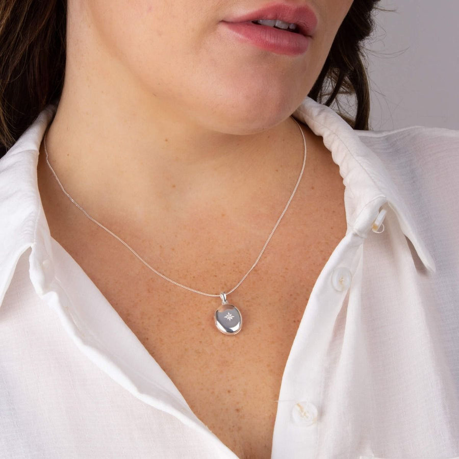 Sterling Silver Oval Locket with Starburst Cubic Zirconia & Chain