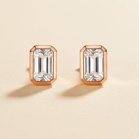 Unique Ladies Gold Plated Emerald Cut 6x4mm CZ Stud Earrings