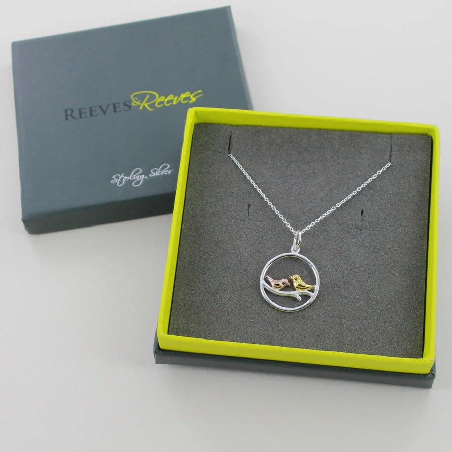 Silver Three-Tone Double Bird On Branch Pendant & Chain