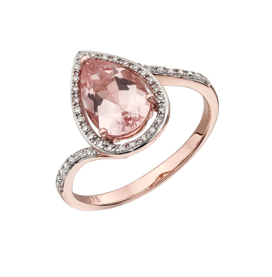 9ct Rose Gold Morganite & Diamond Pear Cluster on Twist Ring