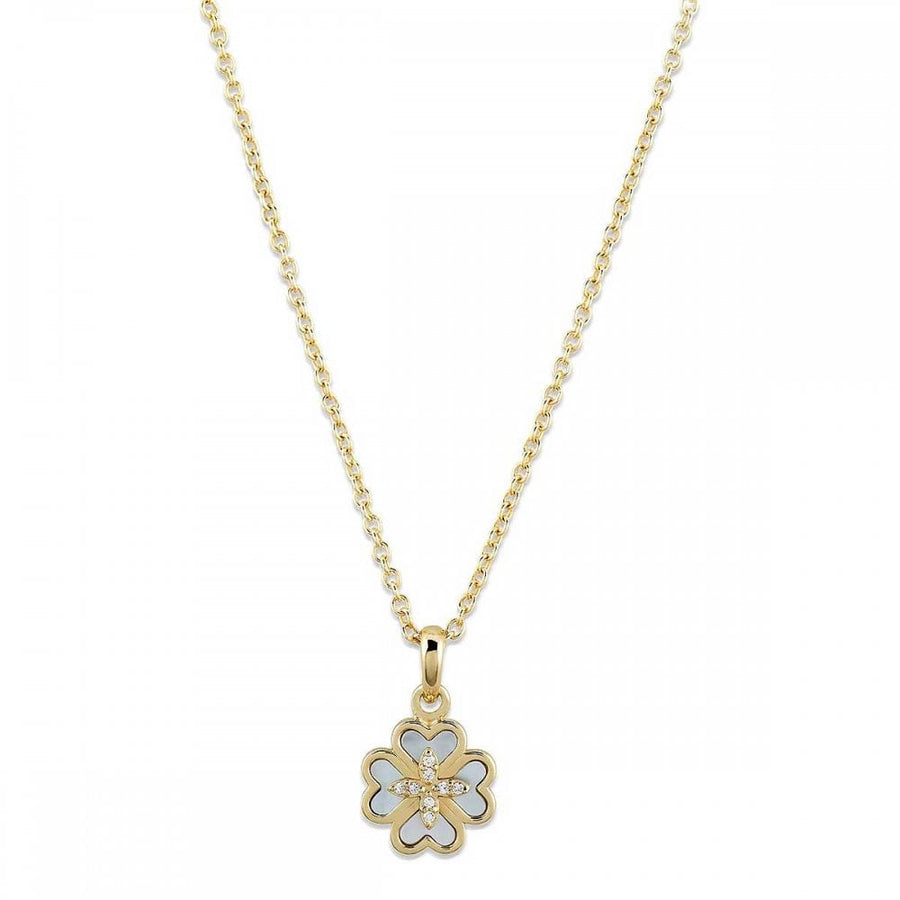 Unique Ladies Gold Plated Mother-of-Pearl & CZ Clover Adjustable Necklace